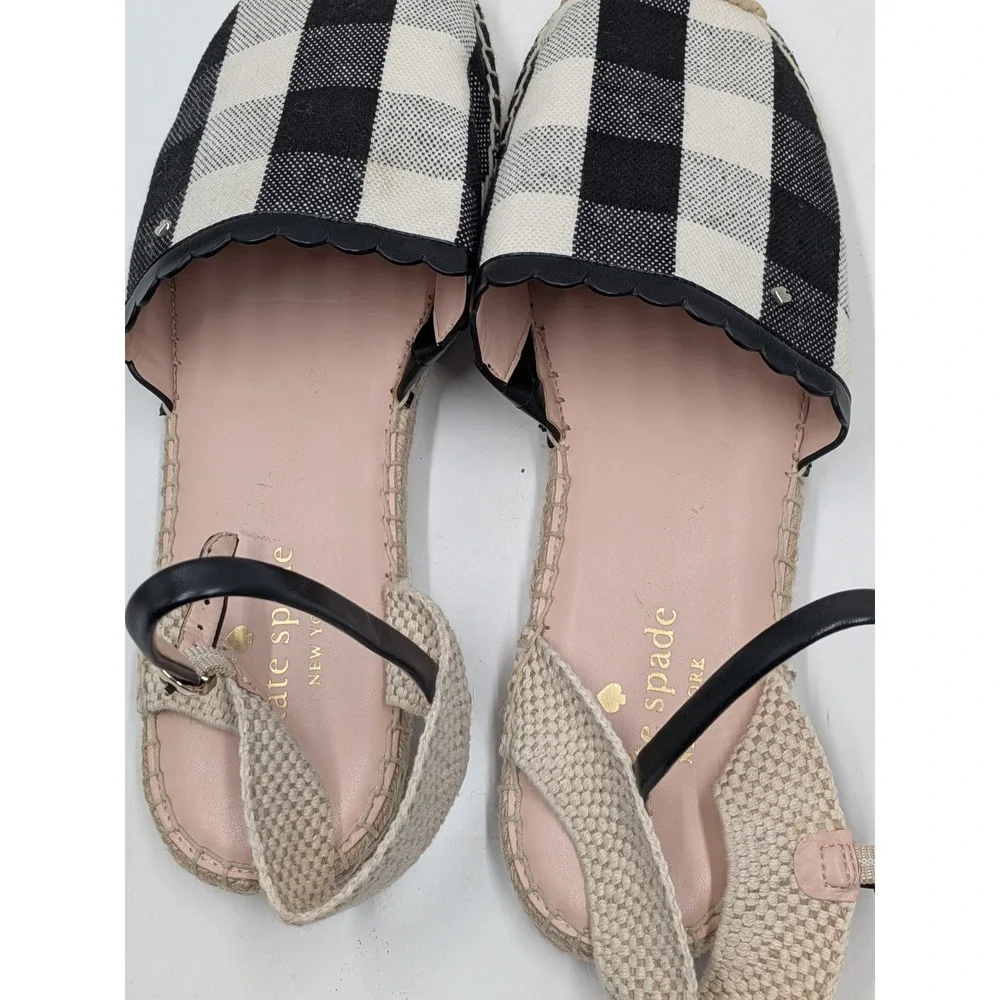 Kate Spade Bonnie Espadrille Sandals Women 10B Black White Gingham Buckle Strap